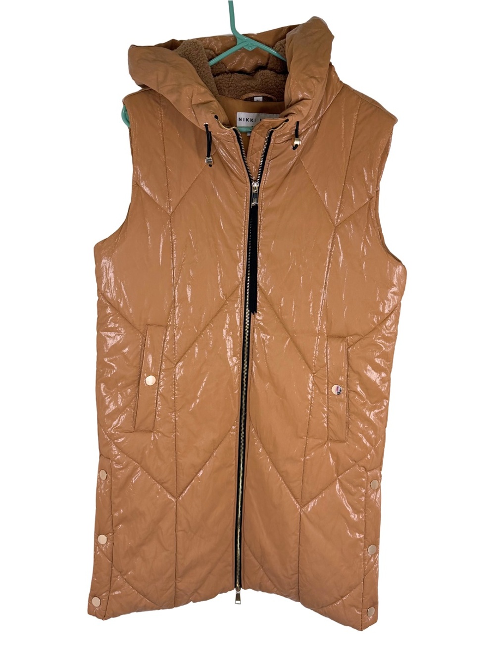 Nikki Jones Brown Quilted Hooded Long Line Puffer Vest Coat Size Medium